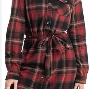 Red and Black Plaid Belted Shirt Dress